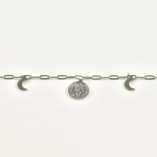 BRACELET PERLES GRIS METALLISE MEDAILLON ACIER INOX GOLD PETIT PRIX