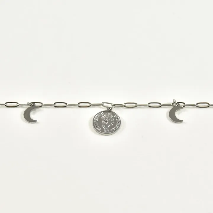 BRACELET PERLES GRIS METALLISE MEDAILLON ACIER INOX GOLD PETIT PRIX