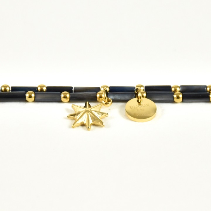 BRACELET PERLES GRIS METALLISE MEDAILLON ACIER INOX GOLD PETIT PRIX