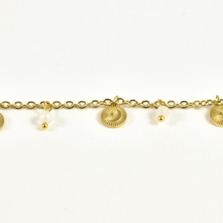 BRACELET PERLES GRIS METALLISE MEDAILLON ACIER INOX GOLD PETIT PRIX