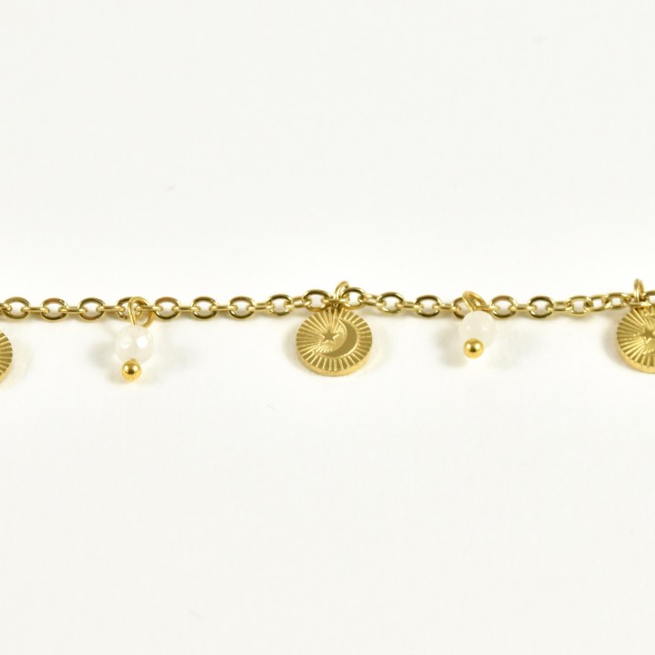 BRACELET PERLES GRIS METALLISE MEDAILLON ACIER INOX GOLD PETIT PRIX