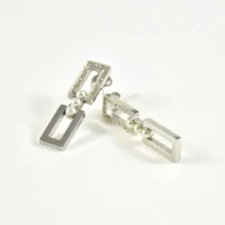 BOUCLES RECTANGLE STRASS PERLES NACRE ACIER INOX SILVER PETIT PRIX