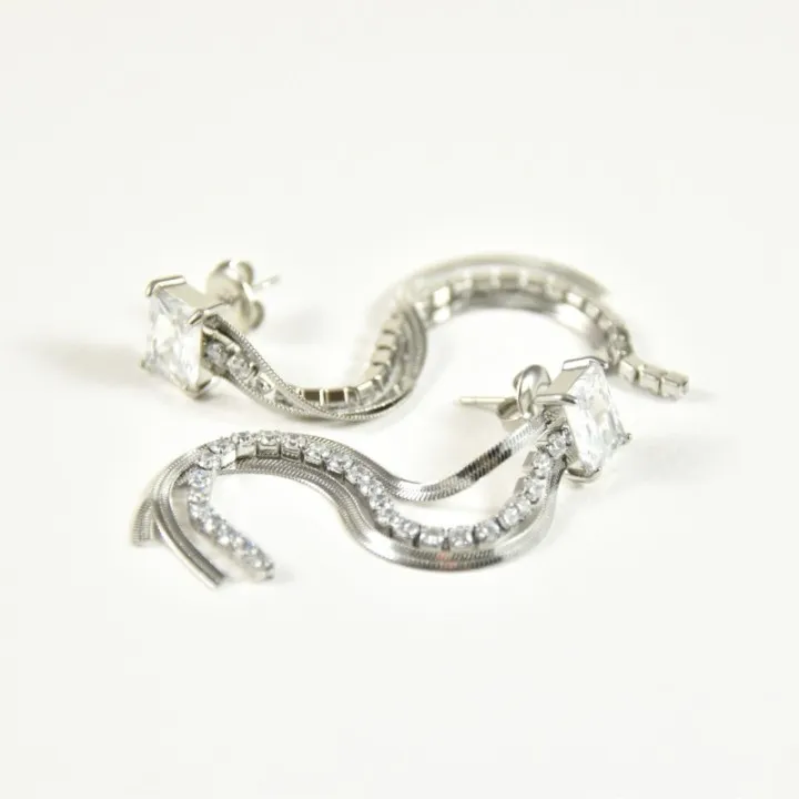 BOUCLES TROIS CHAINETTES STRASS ACIER INOXYDABLE SILVER PETIT PRIX