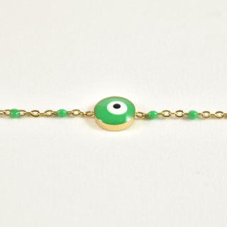 BRACELET PERLES ET OEIL VERTS ACIER INOXYDABLE GOLD PETIT PRIX