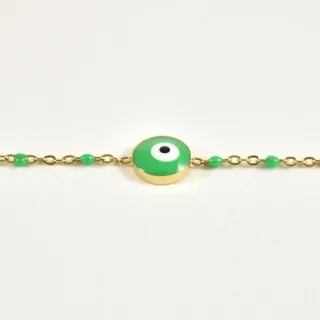 BRACELET PERLES ET OEIL VERTS ACIER INOXYDABLE GOLD PETIT PRIX