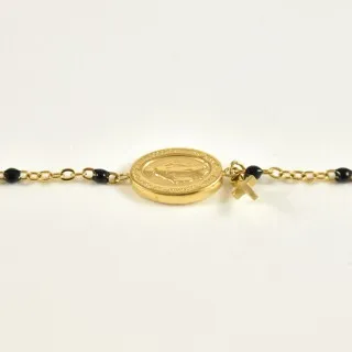 BRACELET PERLES GRIS METALLISE MEDAILLON ACIER INOX GOLD PETIT PRIX