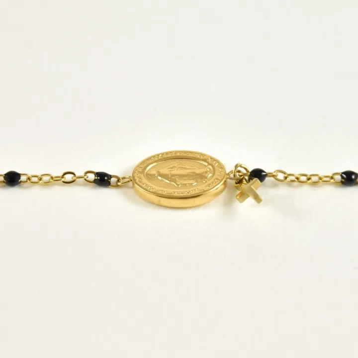 BRACELET NOIR MADONE ET CROIX ACIER INOXYDABLE GOLD PETIT PRIX