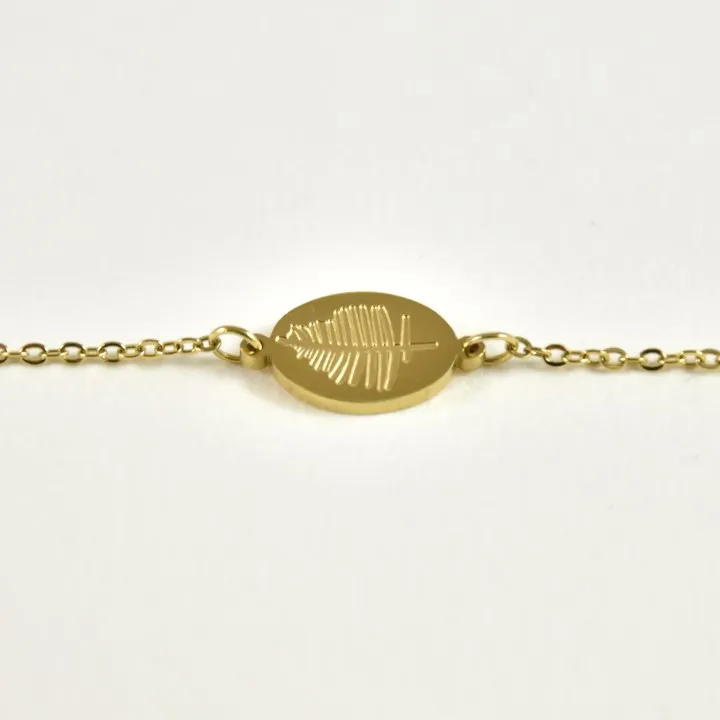 BRACELET MEDAILLE OVALE FEUILLE ACIER INOXYDABLE GOLD PETIT PRIX