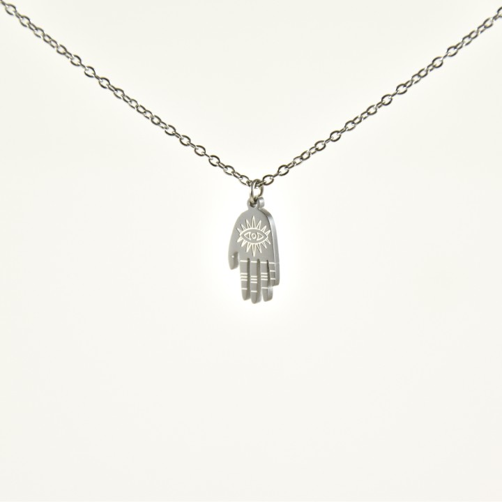 COLLIER MAIN GRAVEE SOLEIL OEIL ACIER INOXYDABLE SILVER PETIT PRIX