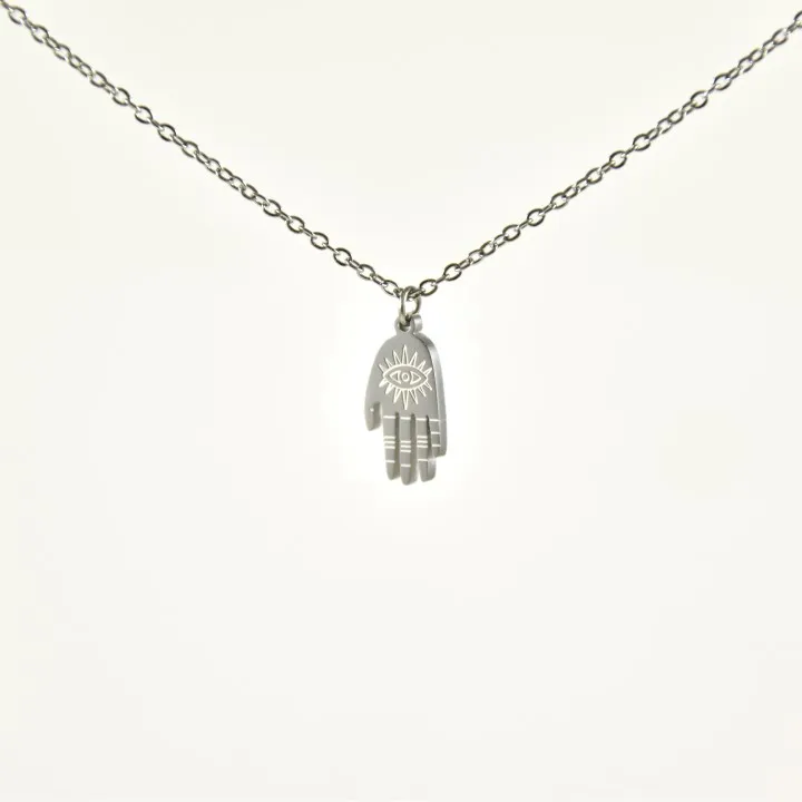 COLLIER MAIN GRAVEE SOLEIL OEIL ACIER INOXYDABLE SILVER PETIT PRIX
