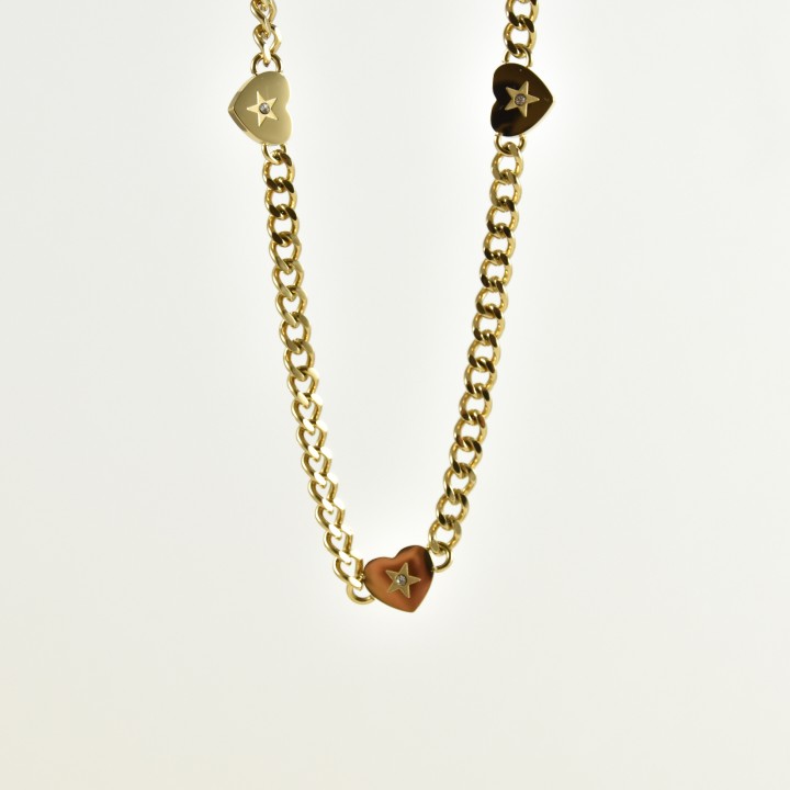 COLLIER COEURS STRASS GROSSE MAILLE ACIER INOXYDABLE GOLD PETIT PRIX