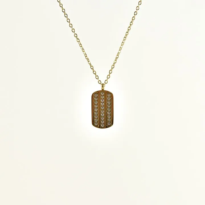 COLLIER MEDAILLON RECTANGLE STRASS ACIER INOXYDABLE GOLD PETIT PRIX