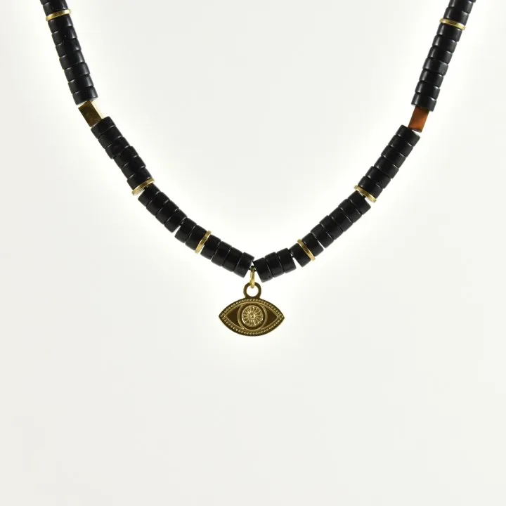 COLLIER PERLES NOIRES ET OEIL ACIER INOXYDABLE GOLD PETIT PRIX