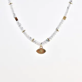 COLLIER PERLES BLANCHES ET OEIL ACIER INOXYDABLE GOLD PETIT PRIX