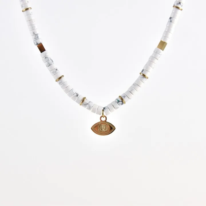 COLLIER PERLES BLANCHES ET OEIL ACIER INOXYDABLE GOLD PETIT PRIX
