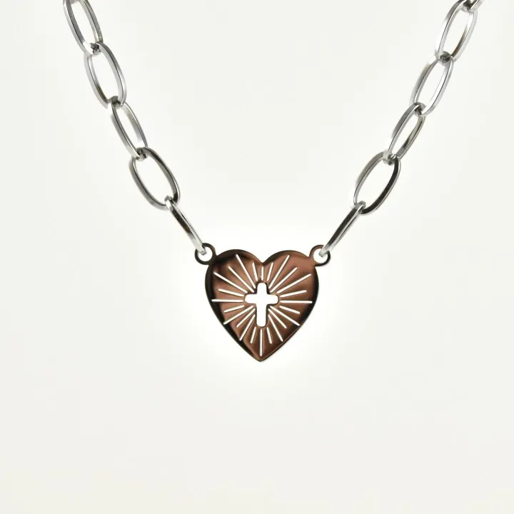 COLLIER GROSSE MAILLE COEUR SACRE ACIER INOXYDABLE SILVER PETIT PRIX