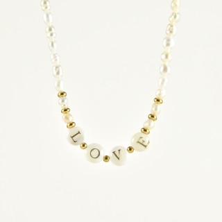 COLLIER PERLES NACRES LOVE ACIER INOXYDABLE GOLD PETIT PRIX