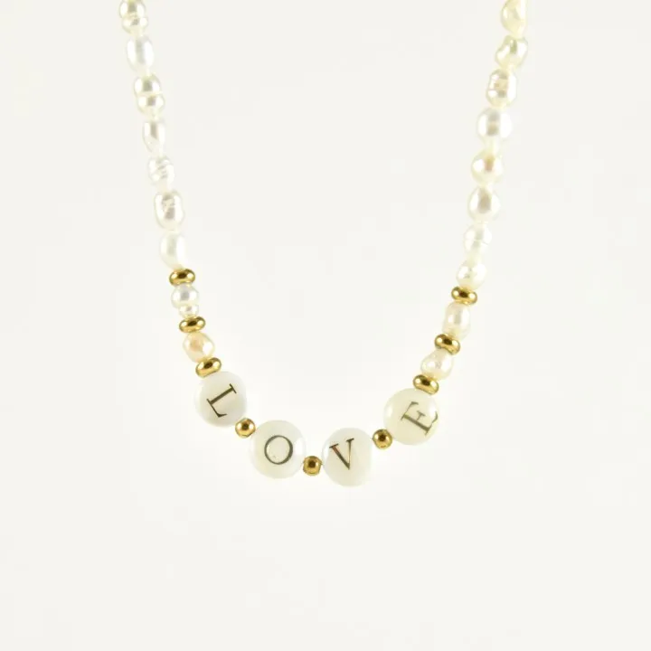 COLLIER PERLES NACRES LOVE ACIER INOXYDABLE GOLD PETIT PRIX