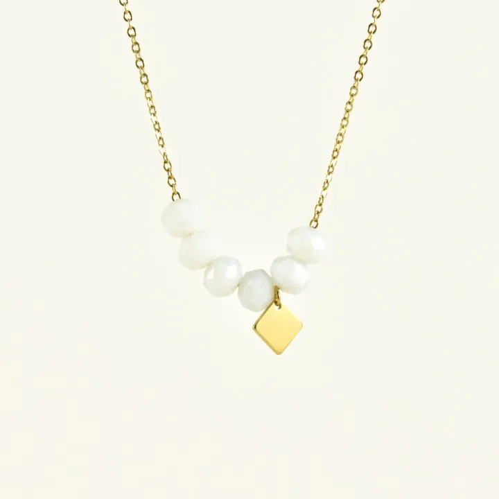 COLLIER PERLES FACETTES BLANCHES ACIER INOXYDABLE GOLD PETIT PRIX