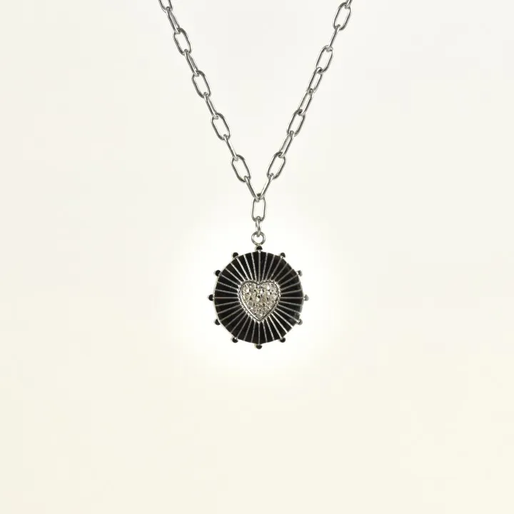 COLLIER ROND COEUR STRASS ACIER INOXYDABLE SILVER PETIT PRIX