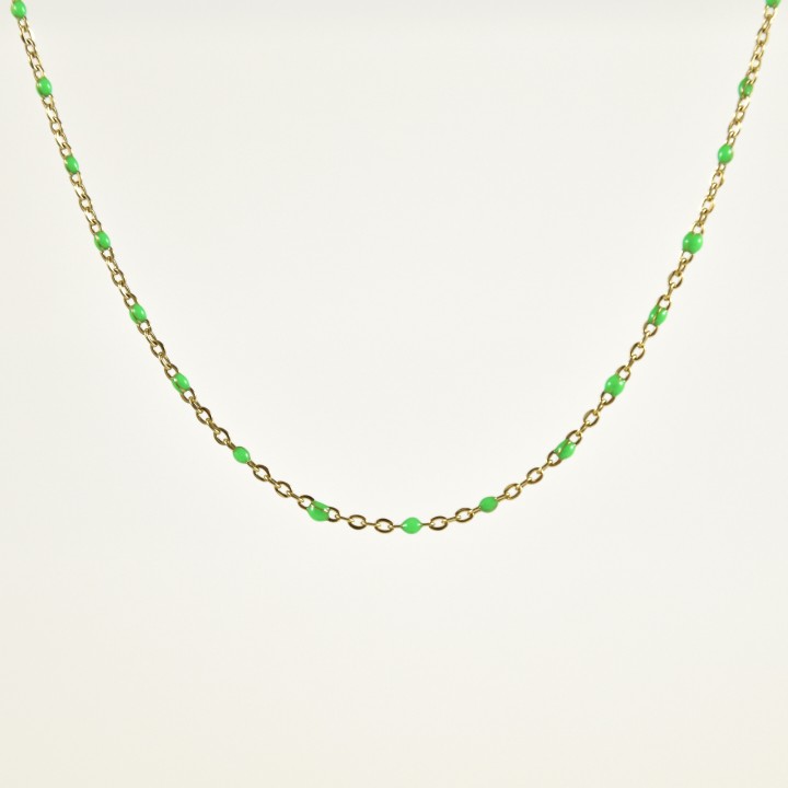 COLLIER PERLES VERT CLAIR ACIER INOX GOLD PETIT PRIX