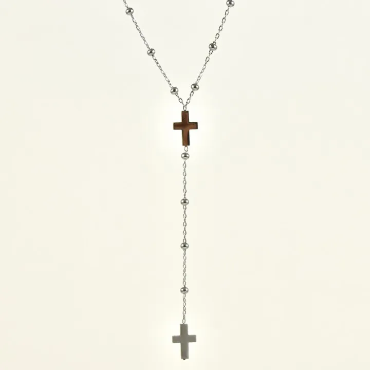 COLLIER SAUTOIR CROIX ET PERLES ACIER INOXYDABLE SILVER PETIT PRIX