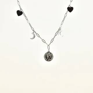 COLLIER LUNES ETOILES COEURS MEDAILLE ACIER INOX SILVER PETIT PRIX