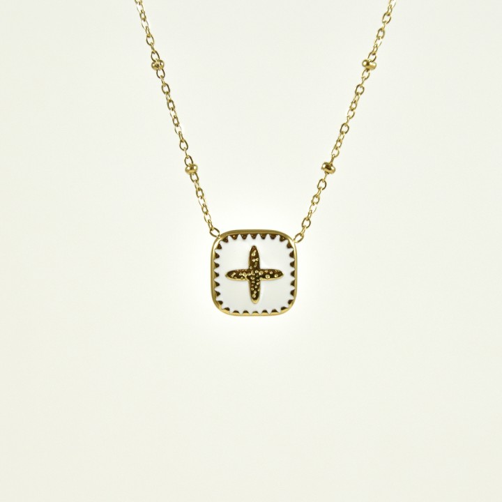 COLLIER CARRE BLANC CROIX ACIER INOXYDABLE GOLD PETIT PRIX