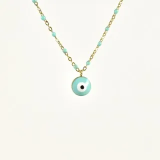 COLLIER PERLES ET OEIL TURQUOISES ACIER INOXYDABLE GOLD PETIT PRIX