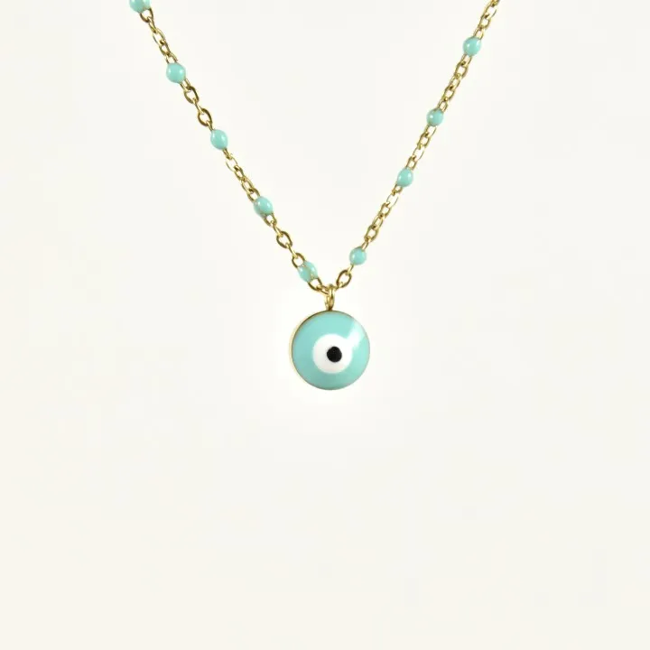 COLLIER PERLES ET OEIL TURQUOISES ACIER INOXYDABLE GOLD PETIT PRIX