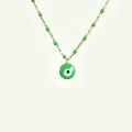 COLLIER PERLES ET OEIL VERTS ACIER INOXYDABLE GOLD PETIT PRIX