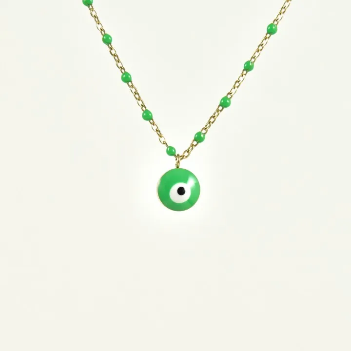 COLLIER PERLES ET OEIL VERTS ACIER INOXYDABLE GOLD PETIT PRIX