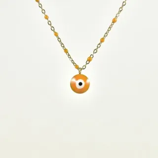 COLLIER PERLES ET OEIL ORANGES ACIER INOXYDABLE GOLD PETIT PRIX