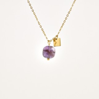 COLLIER AMETHYSTE CARREE ACIER INOXYDABLE GOLD PETIT PRIX