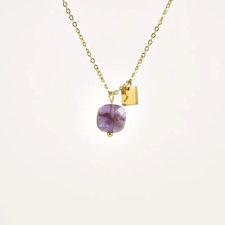 COLLIER AMETHYSTE CARREE ACIER INOXYDABLE GOLD PETIT PRIX