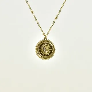 COLLIER MEDAILLE RONDE LUNE SOLEIL STRASS ACIER INOX GOLD PETIT PRIX