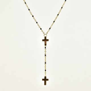COLLIER PERLES NOIRES ET DOUBLE CROIX ACIER INOXYDABLE GOLD PETIT PRIX