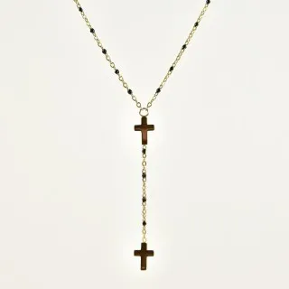 COLLIER PERLES NOIRES ET DOUBLE CROIX ACIER INOXYDABLE GOLD PETIT PRIX