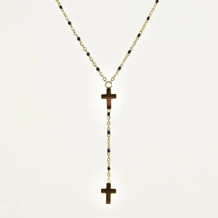 COLLIER PERLES NOIRES ET DOUBLE CROIX ACIER INOXYDABLE GOLD PETIT PRIX