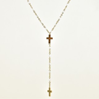 COLLIER PERLES NOIRES ET DOUBLE CROIX ACIER INOXYDABLE GOLD PETIT PRIX