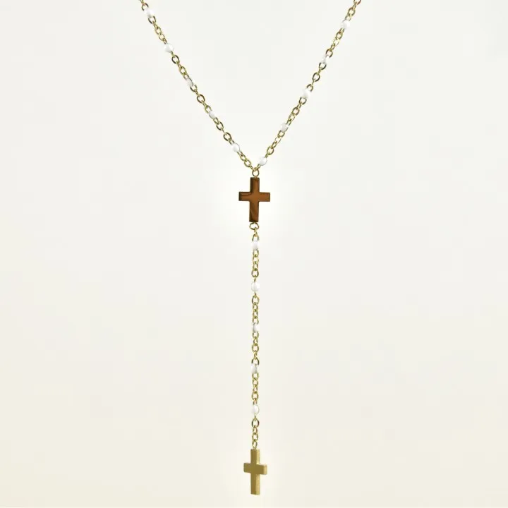 COLLIER PERLES BLANCHES ET DOUBLE CROIX ACIER INOXYDABLE GOLD PETIT PR