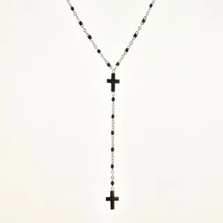 COLLIER PERLES NOIRES ET DOUBLE CROIX ACIER INOXYDABLE SILVER PETIT PR
