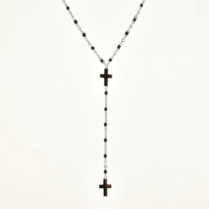 COLLIER PERLES NOIRES ET DOUBLE CROIX ACIER INOXYDABLE SILVER PETIT PR