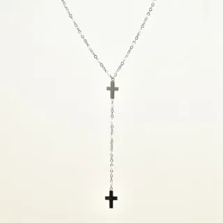 COLLIER PERLES BLANCHES ET DOUBLE CROIX ACIER INOXYDABLE SILVER PETIT