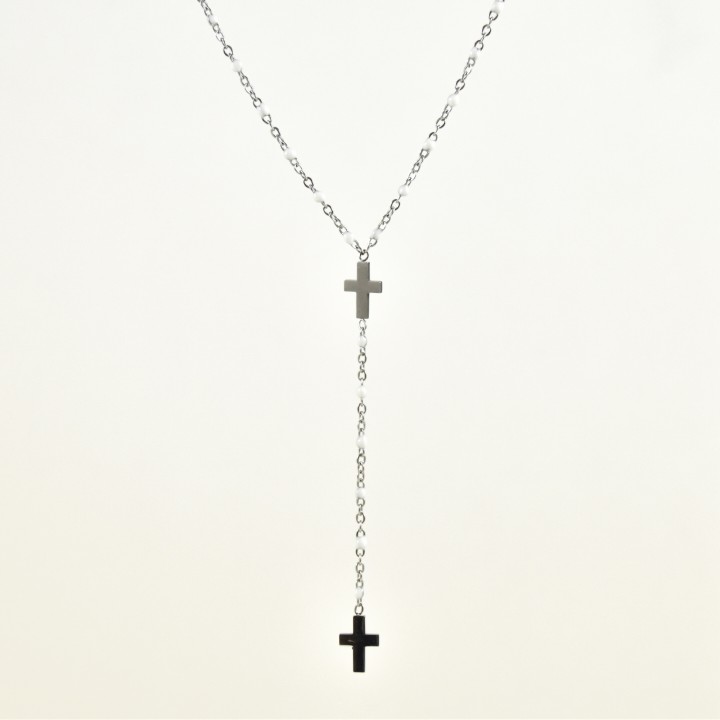 COLLIER PERLES BLANCHES ET DOUBLE CROIX ACIER INOXYDABLE SILVER PETIT