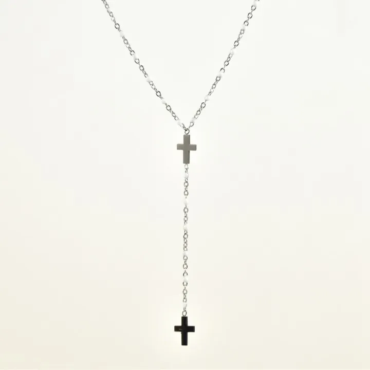 COLLIER PERLES BLANCHES ET DOUBLE CROIX ACIER INOXYDABLE SILVER PETIT