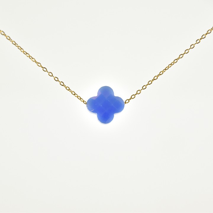 COLLIER TREFLE BLEU CLAIR ACIER INOXYDABLE GOLD PETIT PRIX