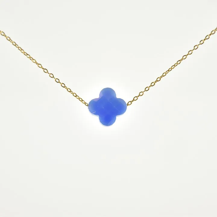 COLLIER TREFLE BLEU CLAIR ACIER INOXYDABLE GOLD PETIT PRIX