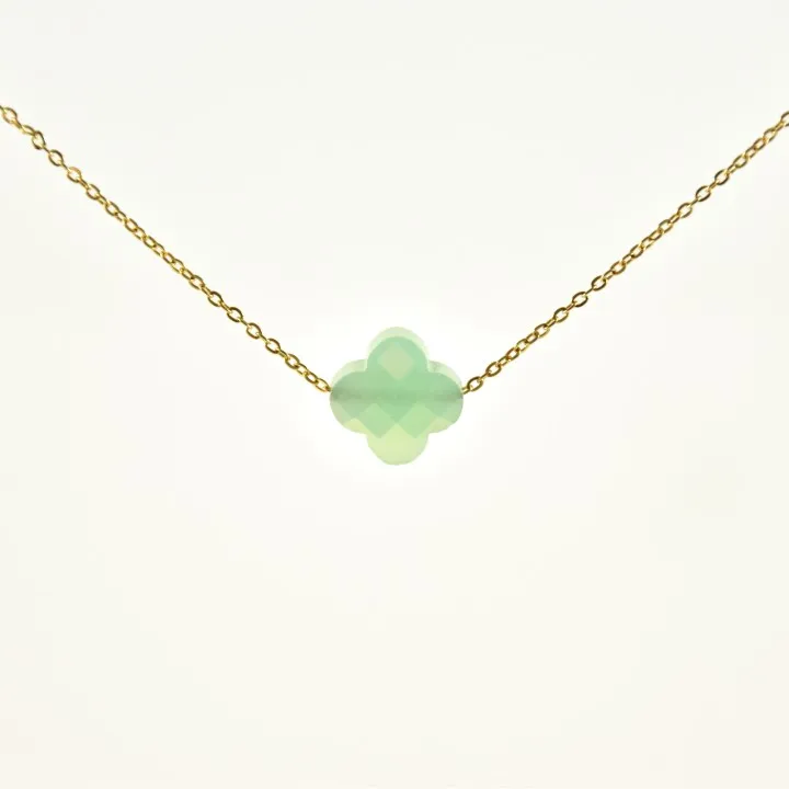 COLLIER TREFLE VERT CLAIR ACIER INOXYDABLE GOLD PETIT PRIX