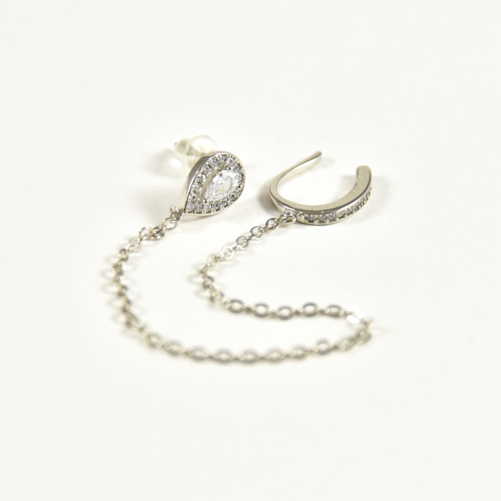 BOUCLE DOUBLE STRASS CHAINETTE ACIER INOXYDABLE SILVER PETIT PRIX